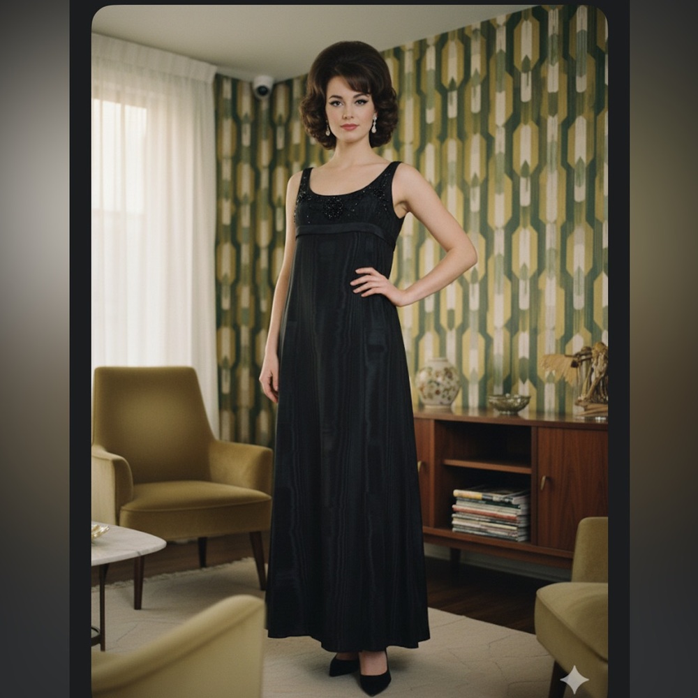 Vintage I. Magnin Madeleine Black Moiré Silk Beaded Maxi Dress Gown ILGWU